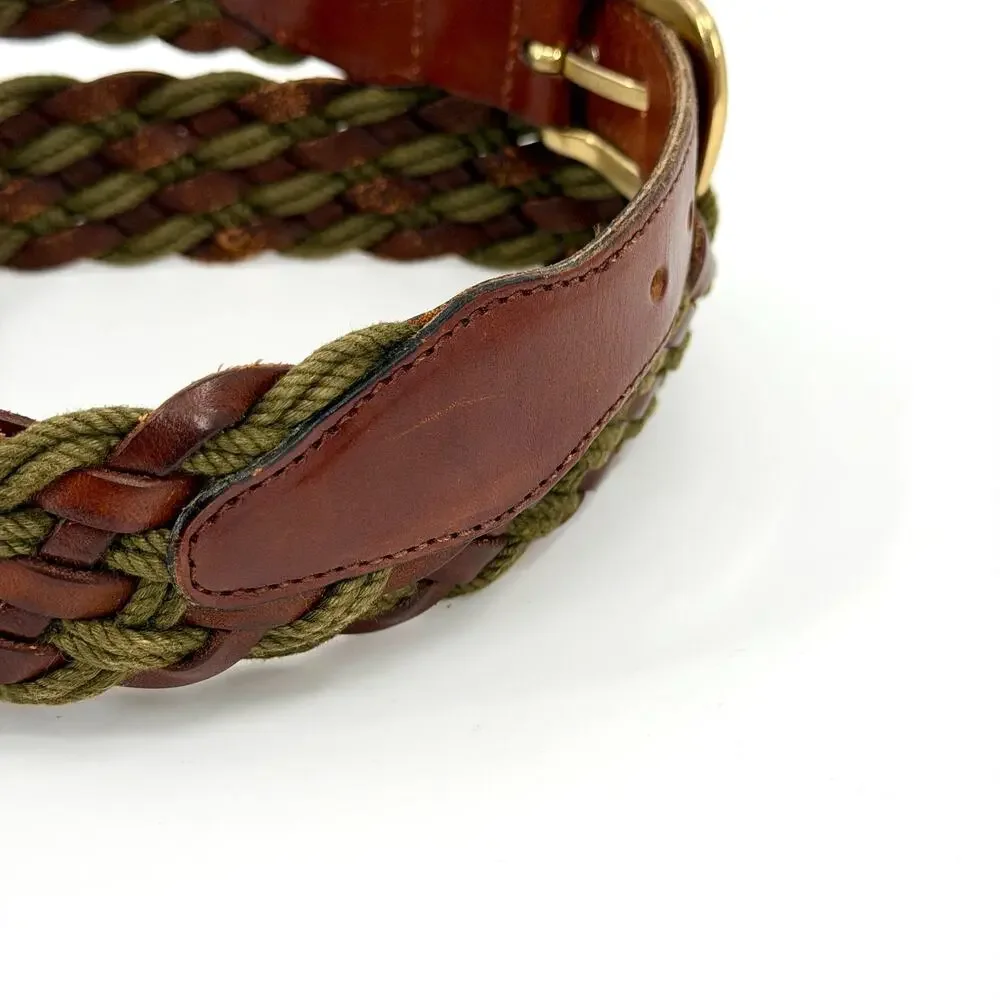 Vintage 90s Tuttle Golf Collection Brown Leather Green Cord Woven Belt